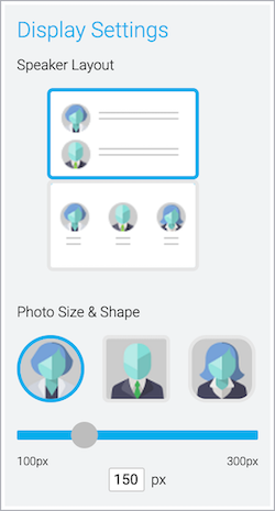 Speaker Details window shows the Display Settings section with a horizontal speaker layout and the circle photo shape selected, and the photo size set to 150 pixels